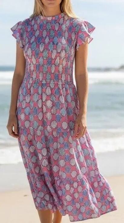 Simply Southern Dresses & Skirts - Simply Southern Dress Maxi Shell Novelty Tiered Preppy Beach Pink Blue Size L